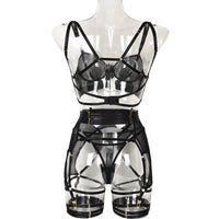 Black Solid Color Mesh Bra Set with Multi-Adjustable Straps Back View