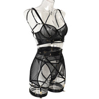 Black Solid Color Mesh Bra Set with Multi-Adjustable Straps Side View