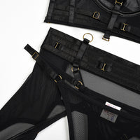 Black Solid Color Mesh Bra Set with Multi-Adjustable Straps Waist Details