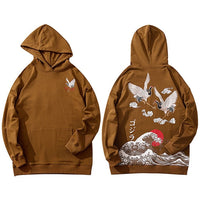 Hip Hop Hoodie Sweatshirt Men Streetwear Harajuku Japanese Kanji Crane Embroidery Hoodies Pullover Oversized Cotton Autumn