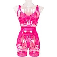 Hot Pink Solid Color Mesh Bra Set with Multi-Adjustable Straps Back View