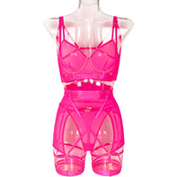 Hot Pink Solid Color Mesh Bra Set with Multi-Adjustable Straps Front Details