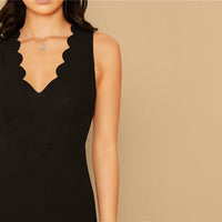 Black Scallop Trim Slit Thigh Fitted Dress Women Summer Autumn Slim Sexy Night Out Sleeveless Pencil Mini Party Dresses