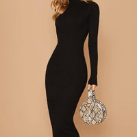 Black Stand Collar Ribbed Knit Bodycon Dress Women Autumn Solid Long Sleeve Office Ladies Form Fitted Pencil Long Dresses