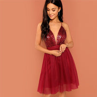 Burgundy Sexy Party Backless Sequin Detail Mesh Halter High Waist Solid Dress 2018 Summer Club Fashion Women Dresses